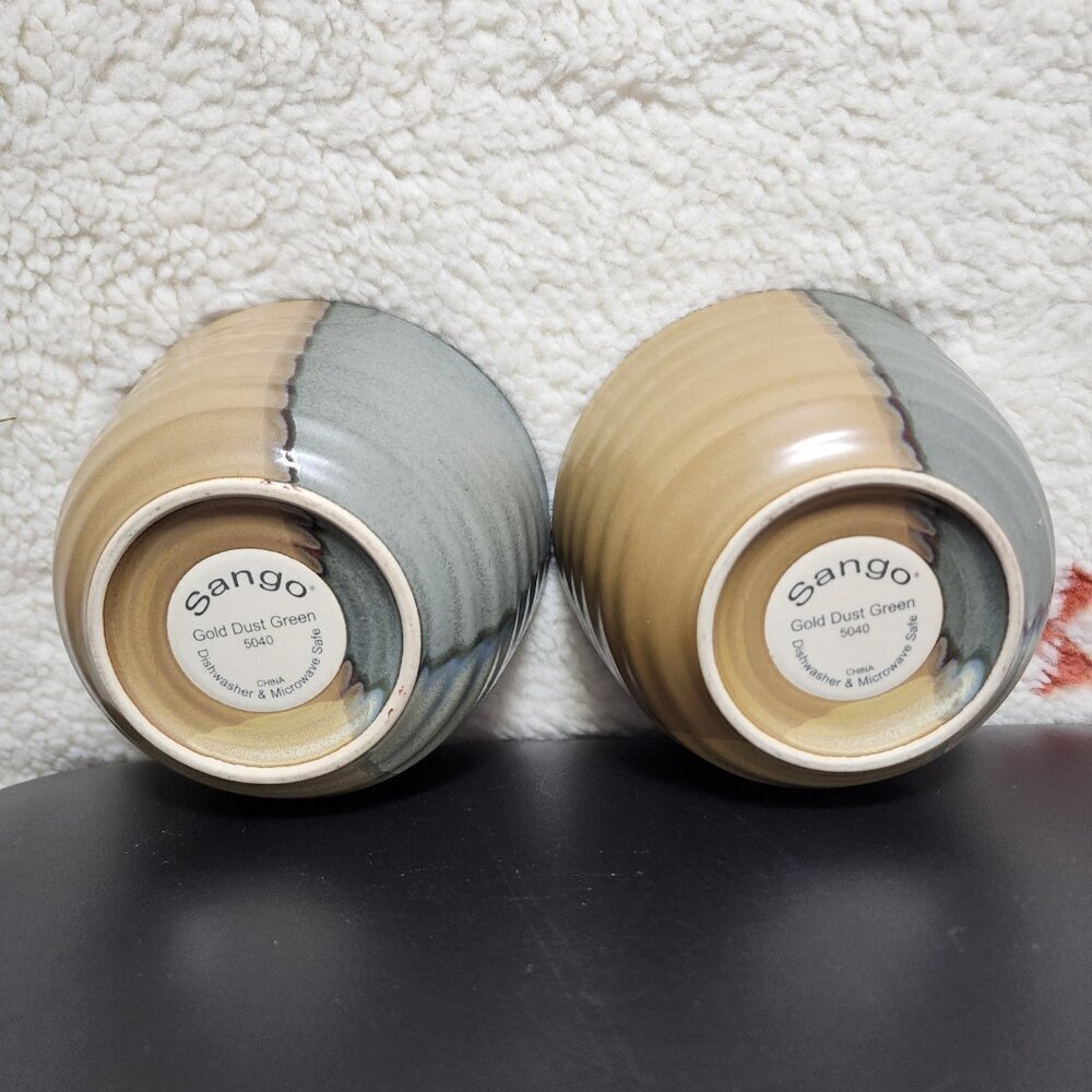 Vintage Sango Gold Dust Green 5040 5" Ice Cream Bowls Mixing Textured Set of 2 - Picture 2 of 6